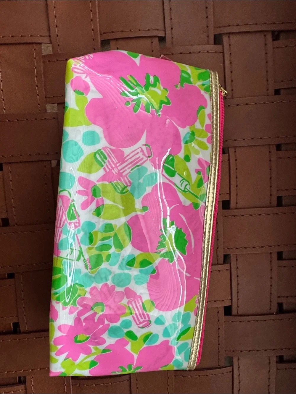 Lilly Pulitzer Hot Pink Floral Cosmetic Pouch with Gold Trim